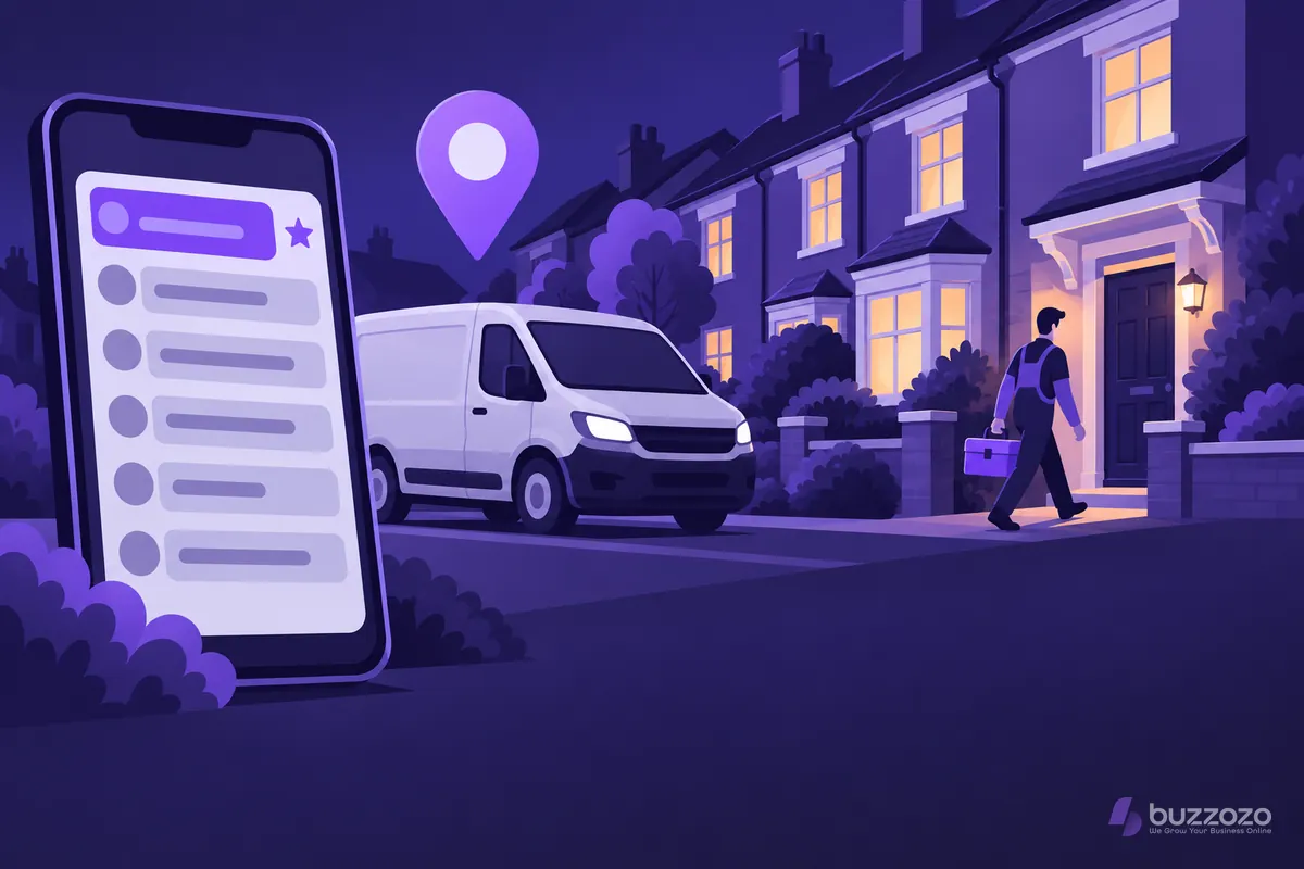 A tradesperson carries a toolbox to a front door while their van waits under a map pin, beside a phone showing a top-ranked local search result.