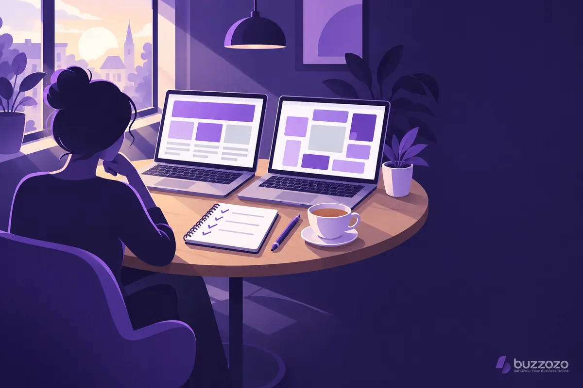 A small business owner at a cafe table compares two website builder layouts on side-by-side laptops, one neatly sectioned and one freely arranged.