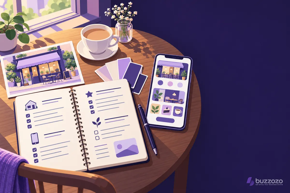 A cafe owner's table with a website design brief in a notebook, a shop front photo, colour swatches and a phone showing the finished site.