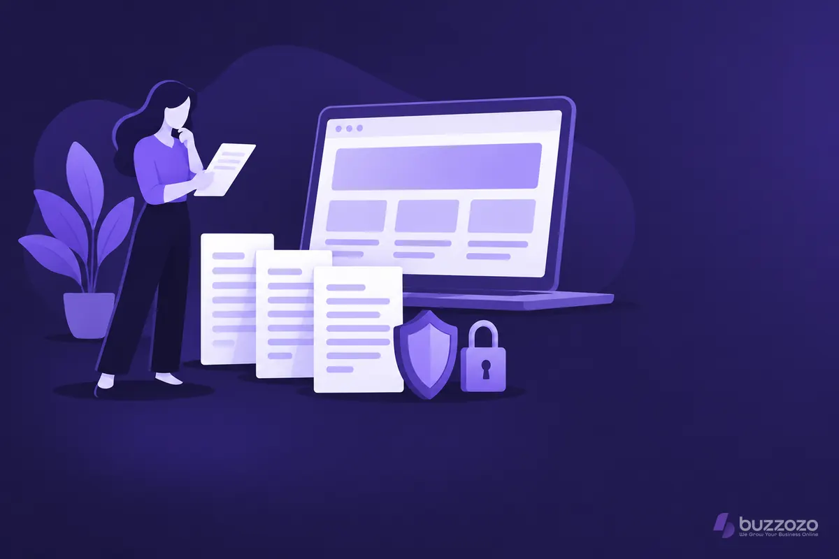 A small business owner checks policy pages beside a laptop showing a website, with a shield and padlock for website terms and conditions.