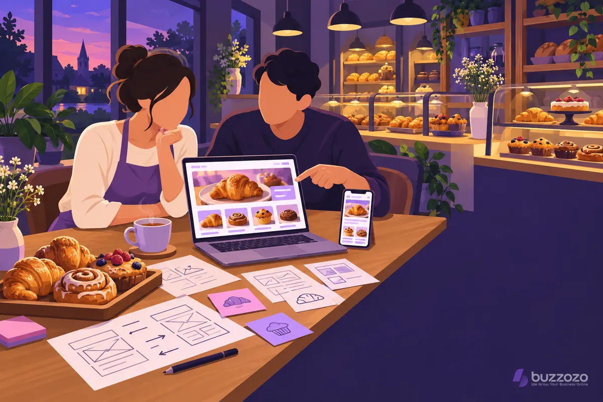 A bakery owner and a web designer sit at a table reviewing a new bakery website on a laptop and phone, with page layout sketches beside them.