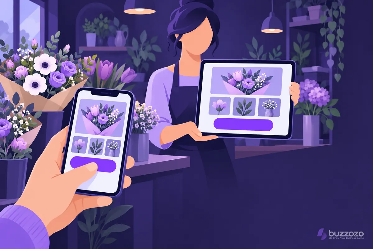 A florist holds a tablet while a customer's thumb nears a phone, both showing a simple shop page with one bright button as the clear call to action.