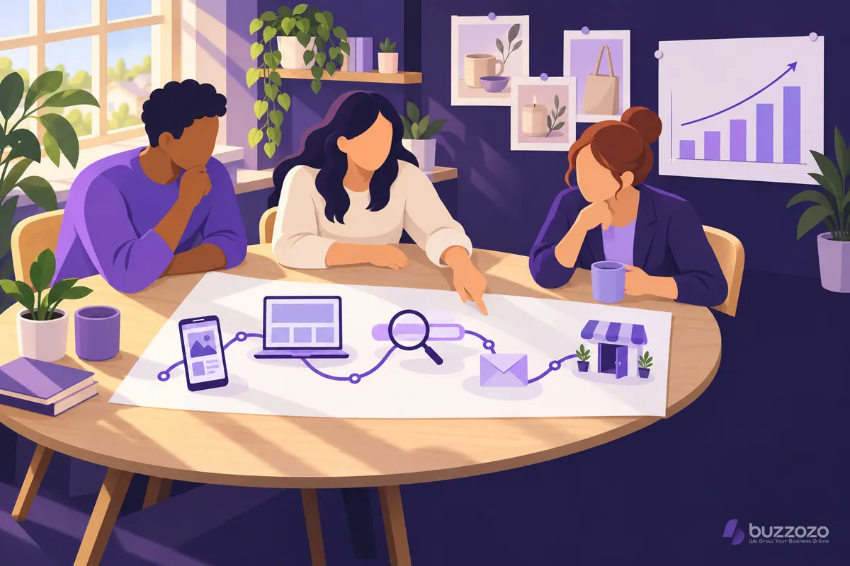 A small business owner and two specialists study a map linking a phone, laptop, search and email to a shop, as a digital marketing agency would.