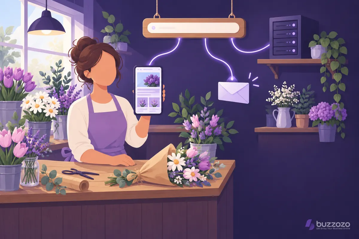 A florist holds up a phone showing her shop website while glowing lines link a blank address sign to a server and an envelope, as one domain serves both.