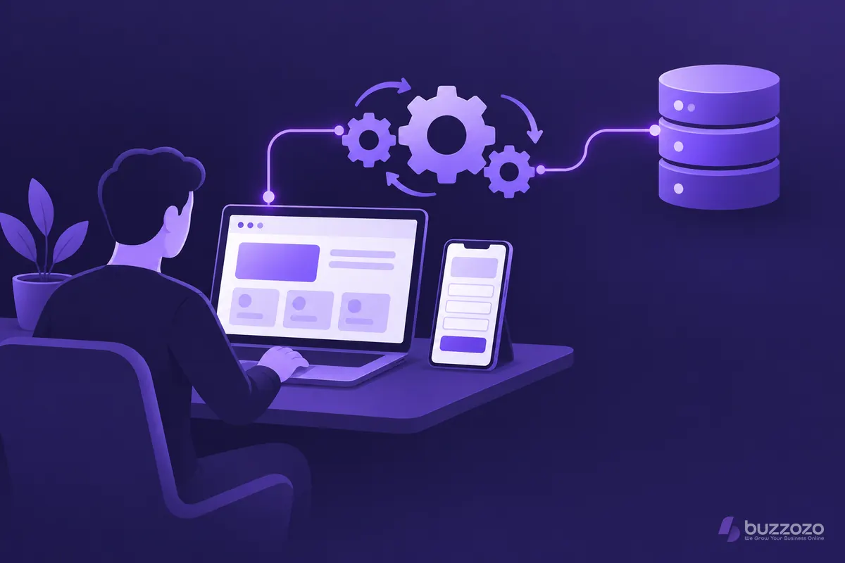 A faceless developer at a desk with a laptop and phone, linked by a violet line to server gears and a database stack, showing full stack work.