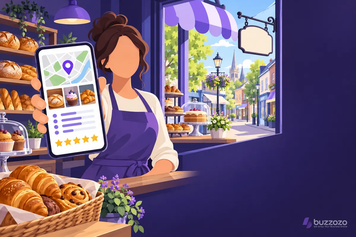A bakery owner holds up a phone showing a local business listing with a map pin, shop photos, opening hours and five-star reviews for nearby customers.