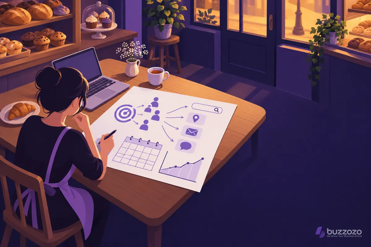 A bakery owner at her shop table after closing sketches a marketing plan linking target customers to search, maps, email, social posts and steady growth.