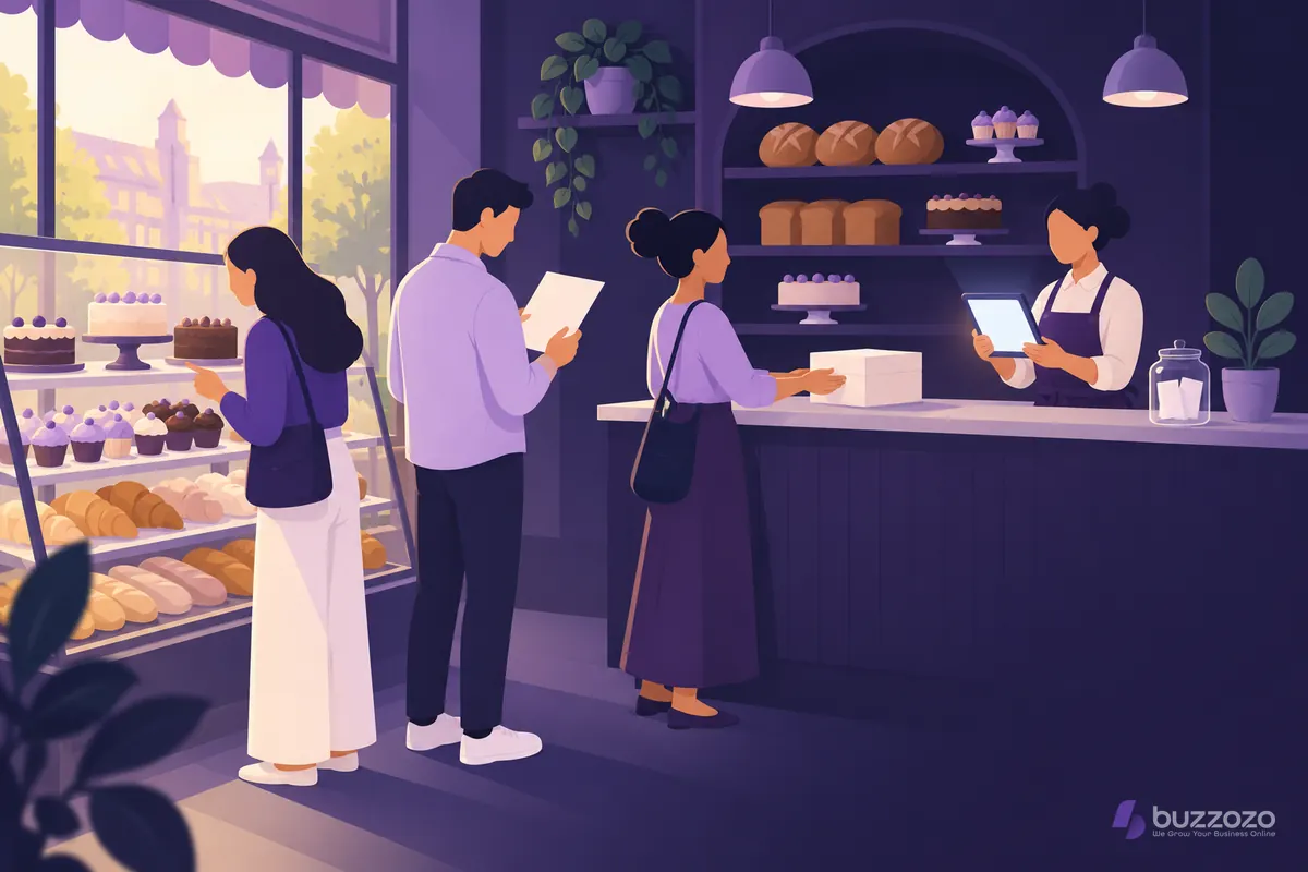 Three customers in a calm bakery move from browsing the display to reading a menu to placing an order, showing the stages of a sales funnel.
