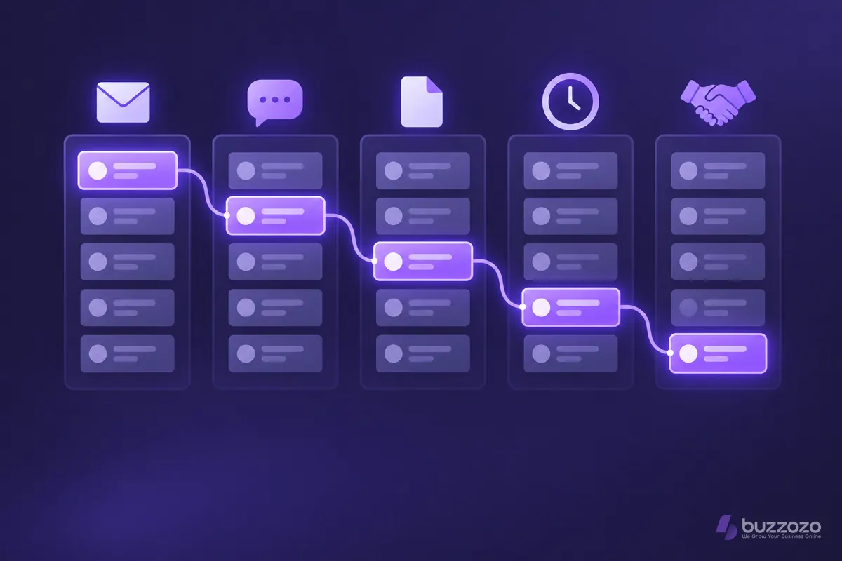 Five pipeline stage columns, from enquiry envelope to handshake, with one highlighted deal card moving along a violet path through each sales stage.