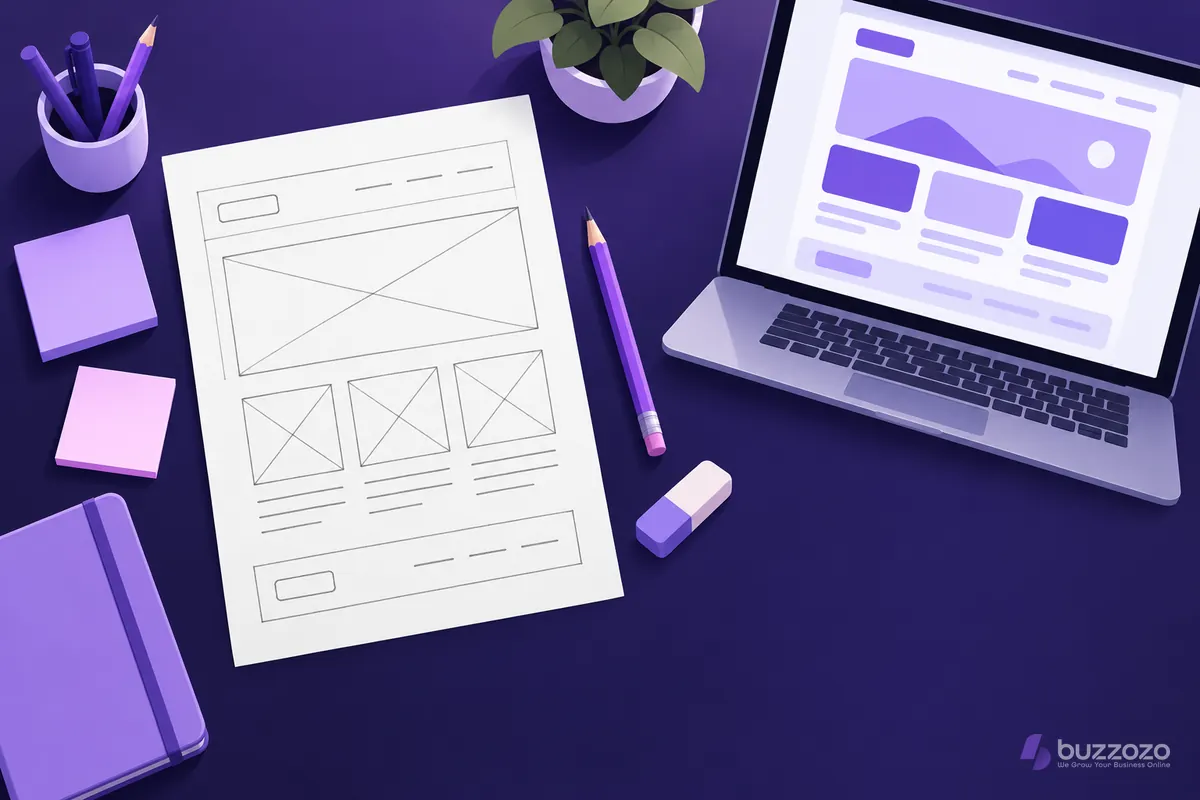 A pencil wireframe of a web page drawn as boxes and lines lies on a desk beside a laptop showing the same layout as a finished, coloured website.