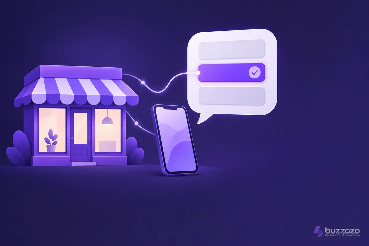 A small shopfront linked by glowing lines to the ticked answer card in a phone's speech bubble, showing a business picked by an answer engine.