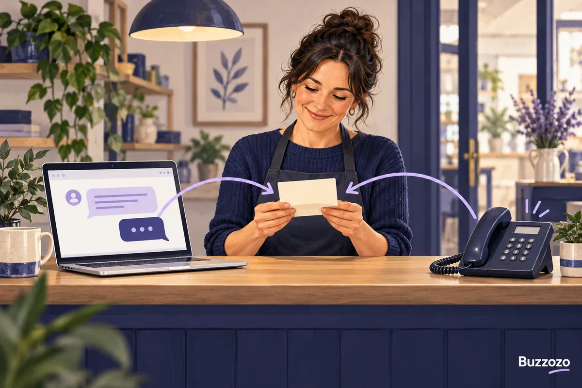 Illustration of web chat and a separate telephone passing an enquiry to a small business owner, with a Buzzozo watermark.