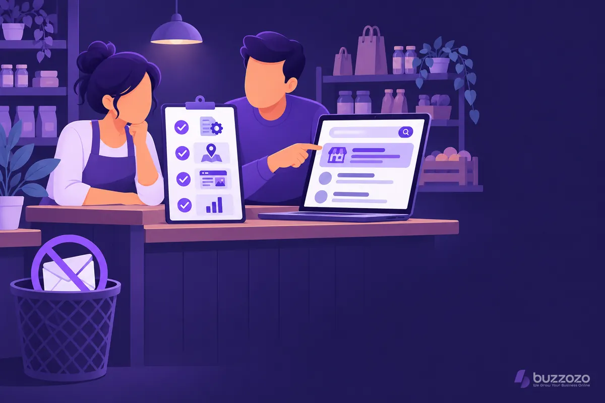 A shop owner and an SEO specialist review a laptop search page with the shop near the top, beside a monthly checklist and a binned rankings promise.