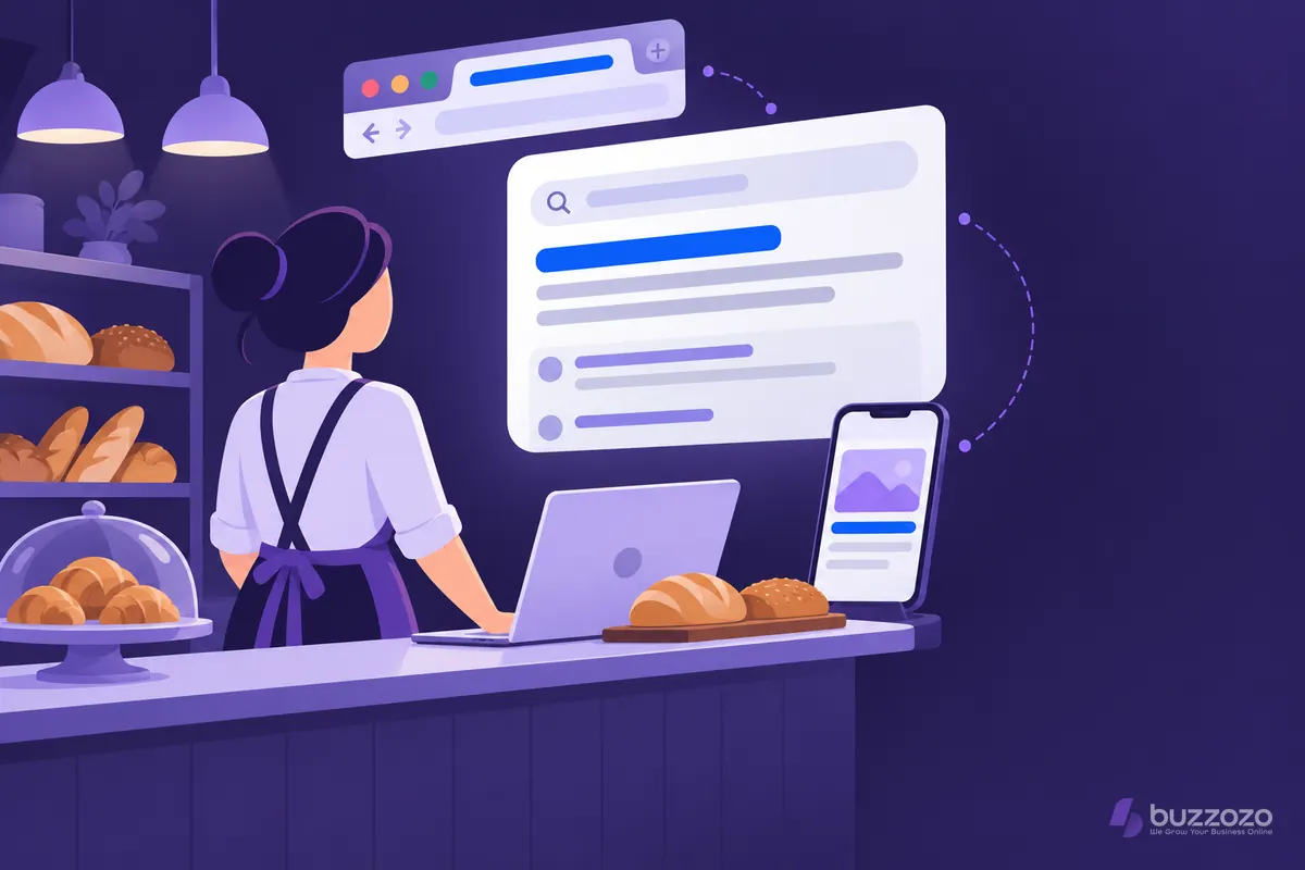 A bakery owner at a laptop looks up at a search results card with a bold blue headline, echoed in a browser tab and a phone link preview.