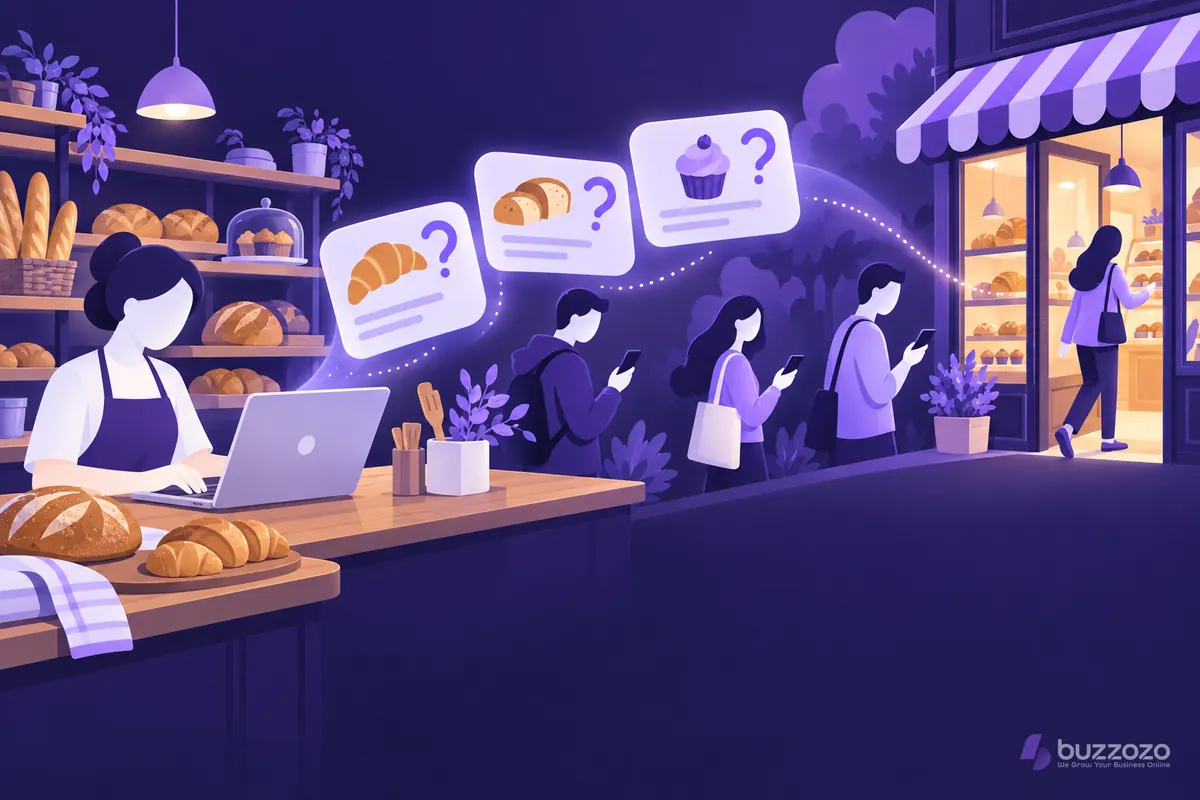 A bakery owner writes helpful guides on a laptop that drift to customers reading on phones, showing how content marketing brings one through the door.