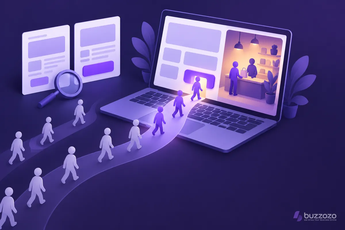 Faceless figures walk a glowing path across a laptop and through a violet website button into a shop, showing visitors turning into customers.