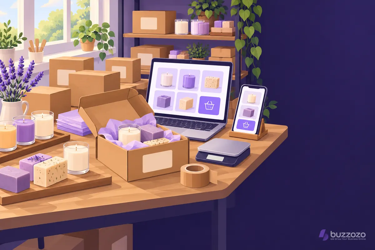 A small maker's workshop packing handmade candles and soap into boxes beside a laptop and phone showing a simple online shop.