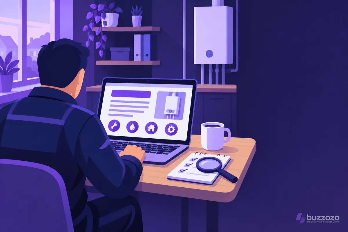 A plumber at a kitchen table reviews a simple web page layout on a laptop, beside a ticked checklist and magnifying glass, tidying on-page SEO.