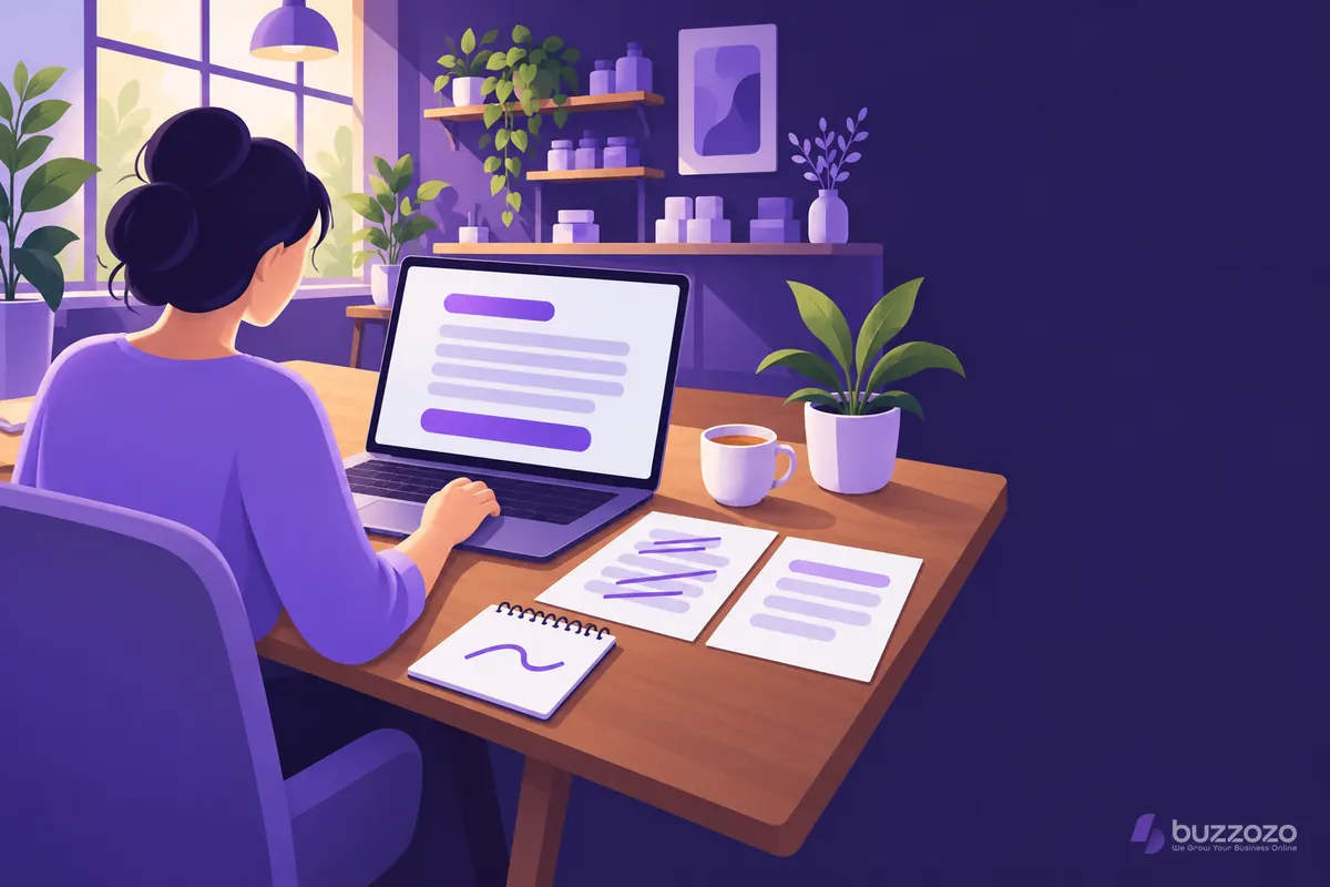 A small business owner edits a clear web page on a laptop beside a crossed-out draft and a neat rewrite, showing how SEO copywriting simplifies text.