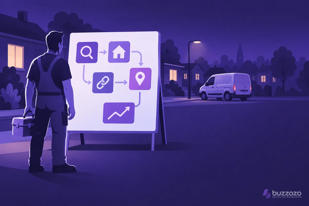 A tradesperson with a toolbox studies a plan board linking search, website, local map pin, links and growth icons, showing how an SEO strategy fits together.