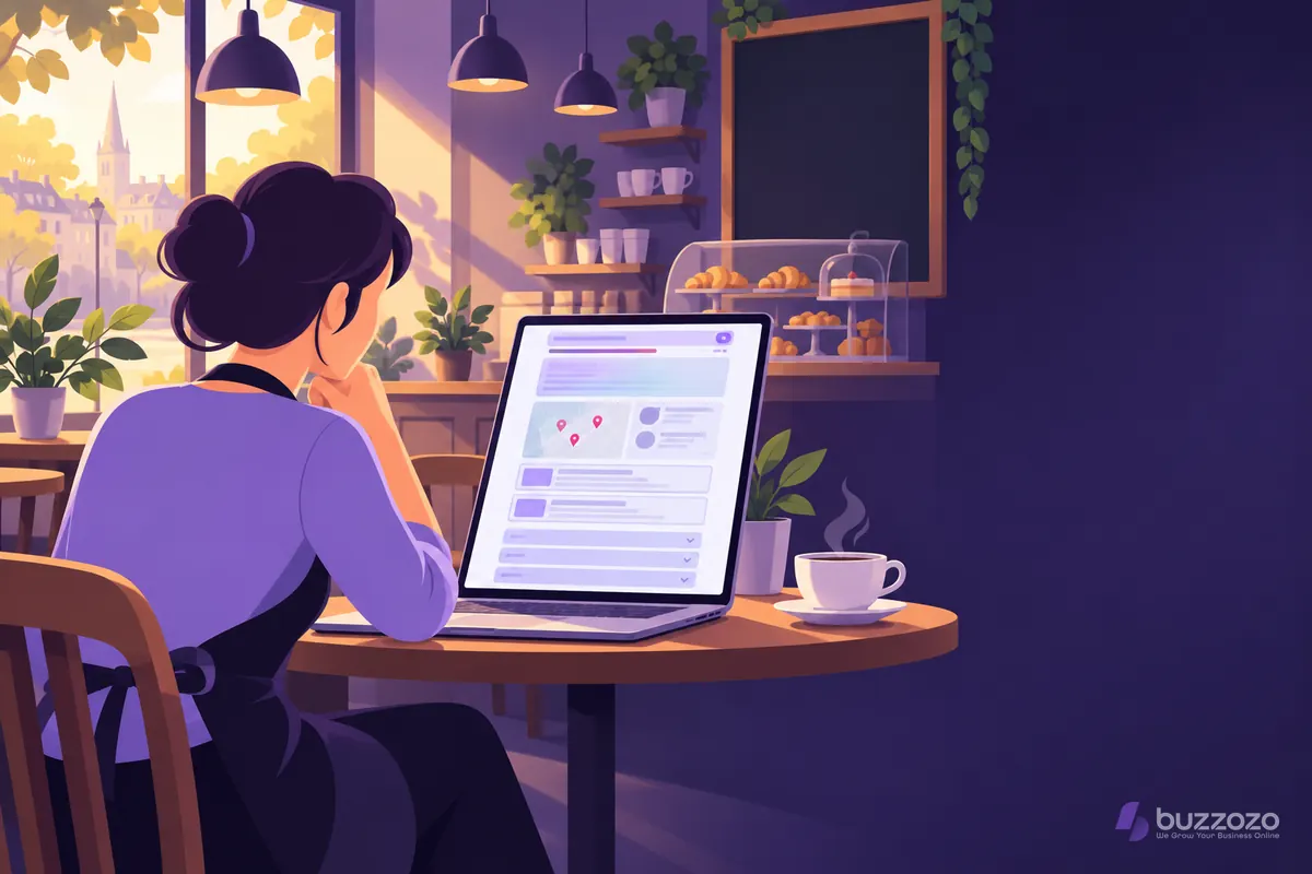A café owner in an apron studies a search results page on her laptop, with an advert strip, a map with pins, result listings and question bars.