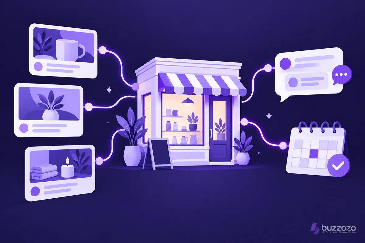 A small shop linked to social posts, a customer conversation and a content calendar.