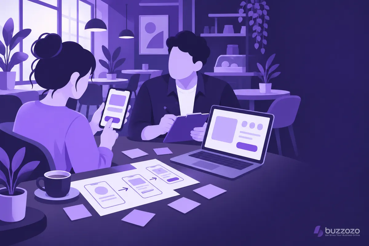 A small business owner takes notes as a customer taps through a booking screen on a phone, testing how easy the website is to use.