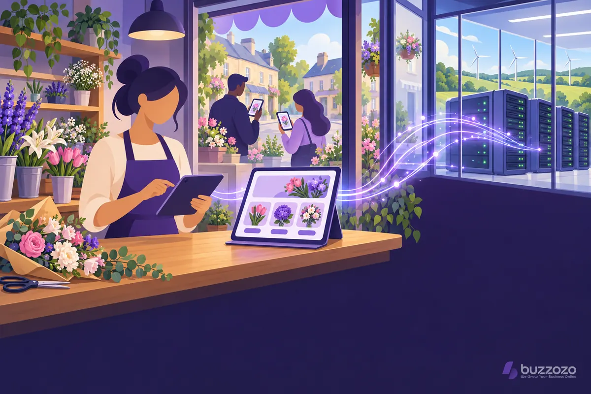 A florist at a shop counter updates a flower shop web page on a tablet, with light streams linking it to wind-powered servers that keep the site online.