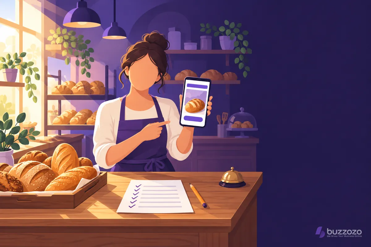 A bakery owner behind a wooden counter points to a simple shop web page on a phone, beside fresh loaves and a ticked website checklist.