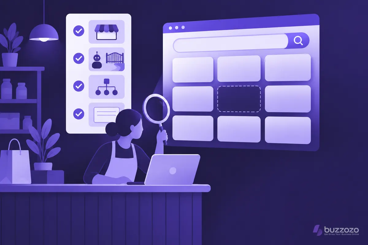A shop owner at a counter uses a magnifying glass to study a search results page with an empty gap, beside a checklist of reasons a site may be missing.