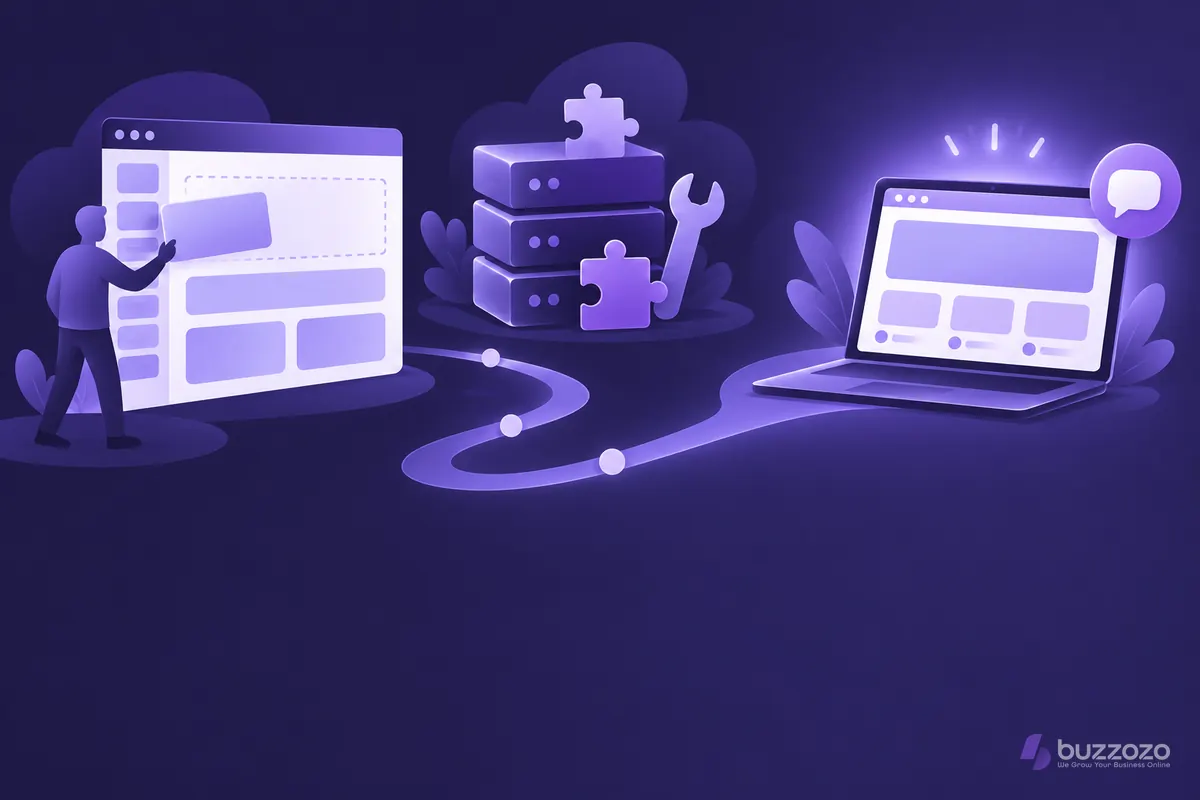 Two routes to a small business website, a drag-and-drop page builder and a plugin-filled server stack, joined by a path to a finished site on a laptop.