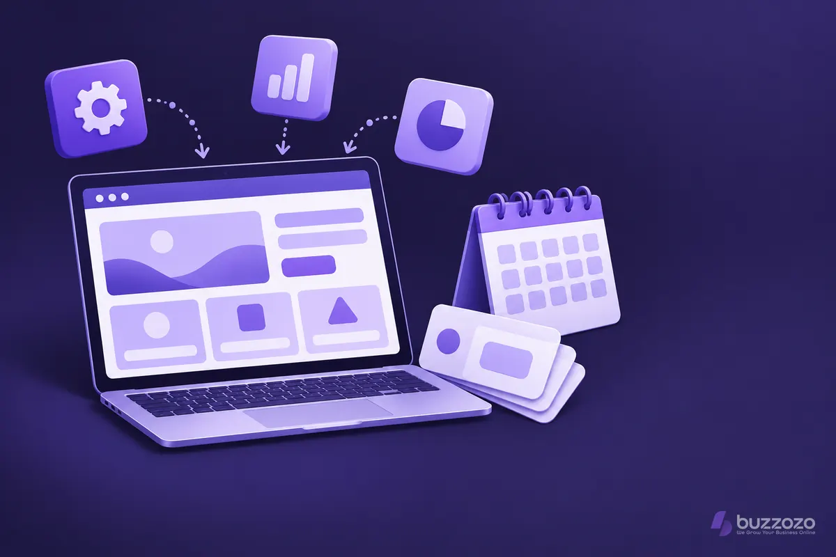 Laptop showing a simple website layout with add-on modules floating towards it, beside a calendar and stacked bill cards, suggesting yearly website costs.