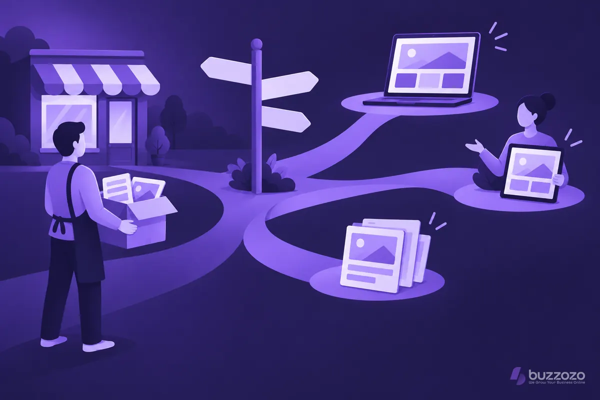 A shop owner carries a box of website content to a signpost offering three routes: a website builder, a helper with a tablet or simple page cards.