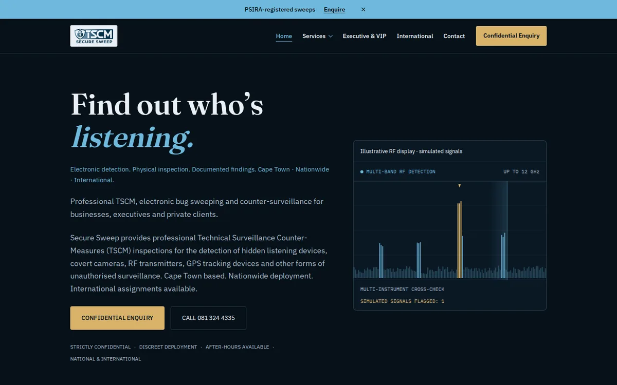 The SecureSweep homepage, built by Buzzozo