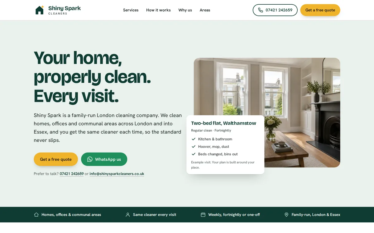 The Shiny Spark Cleaners homepage, built by Buzzozo