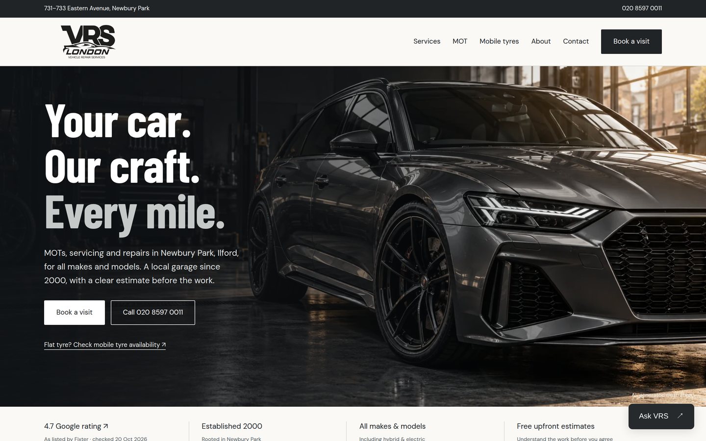 The VRS London homepage, built by Buzzozo