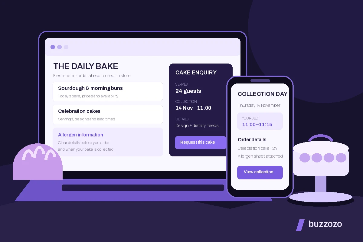 Illustration of a bakery website with a daily menu, cake enquiry and collection times