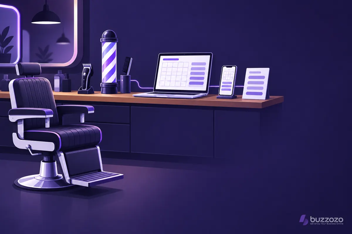 Illustration of a barber shop website on a laptop and phone