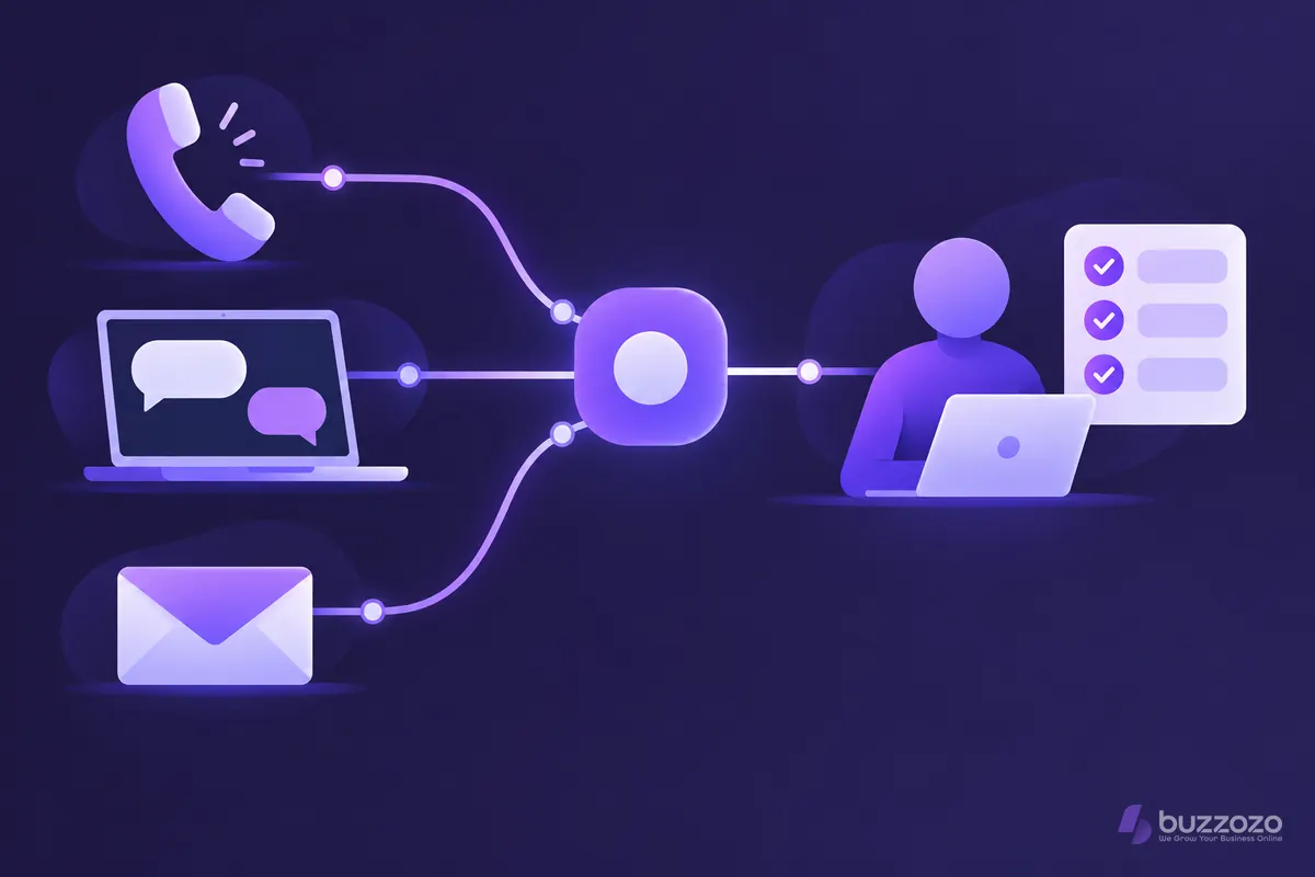 A phone, a laptop with chat bubbles and an email envelope link to a central AI hub, which passes complex enquiries to a human helper with a checklist.