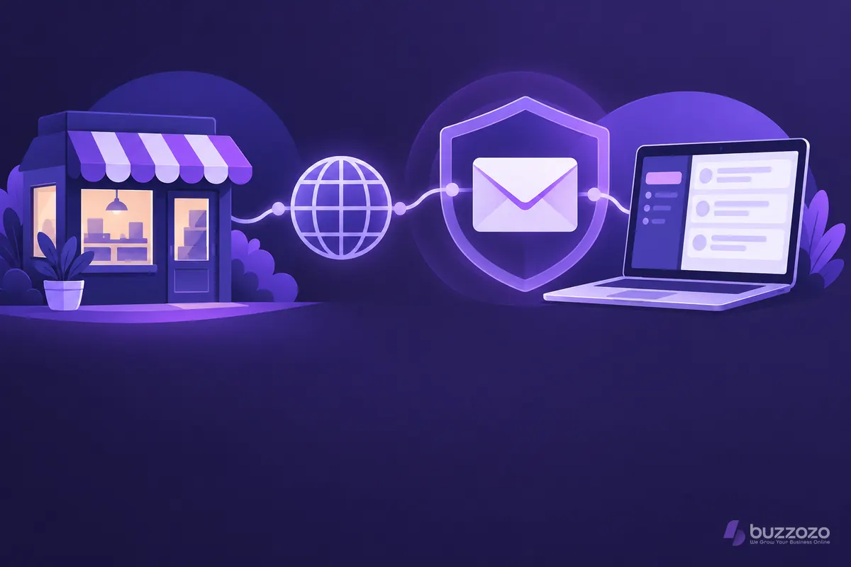A small shop linked through a domain globe to a shield-protected envelope and a laptop, showing a business email address on your own domain.
