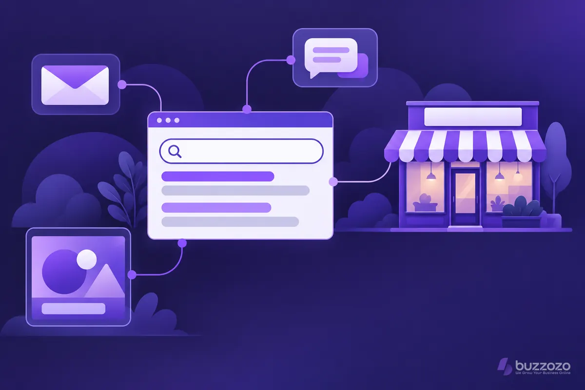 A search window with blank results links to a small shopfront, an email, a chat bubble and an advert, showing SEO as one part of digital marketing.