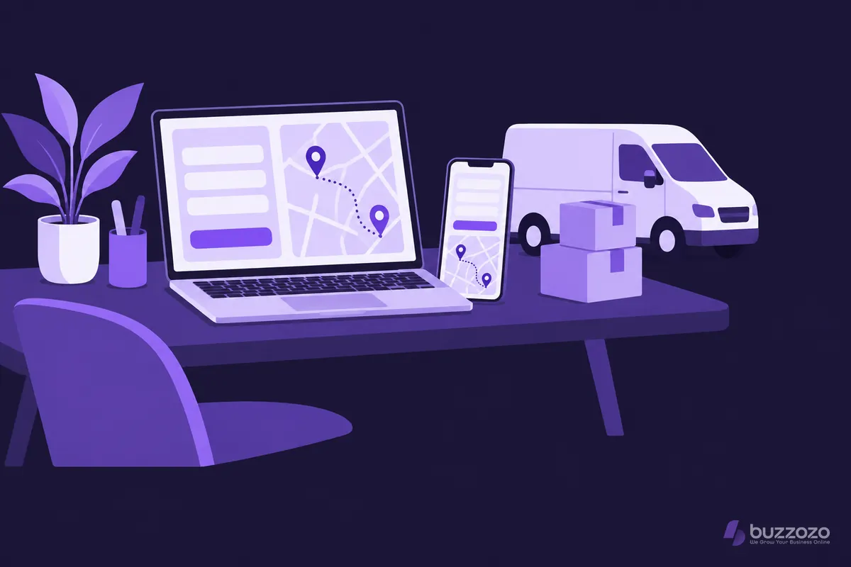 A laptop and phone on a desk show a delivery quote form with a route map, beside parcels and a van, illustrating a courier website.