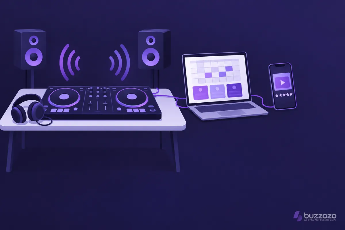 Illustration of a DJ website on a laptop and phone beside DJ decks