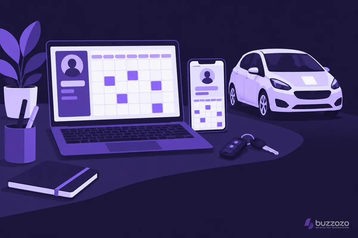 Illustration of a driving school website on a laptop and phone