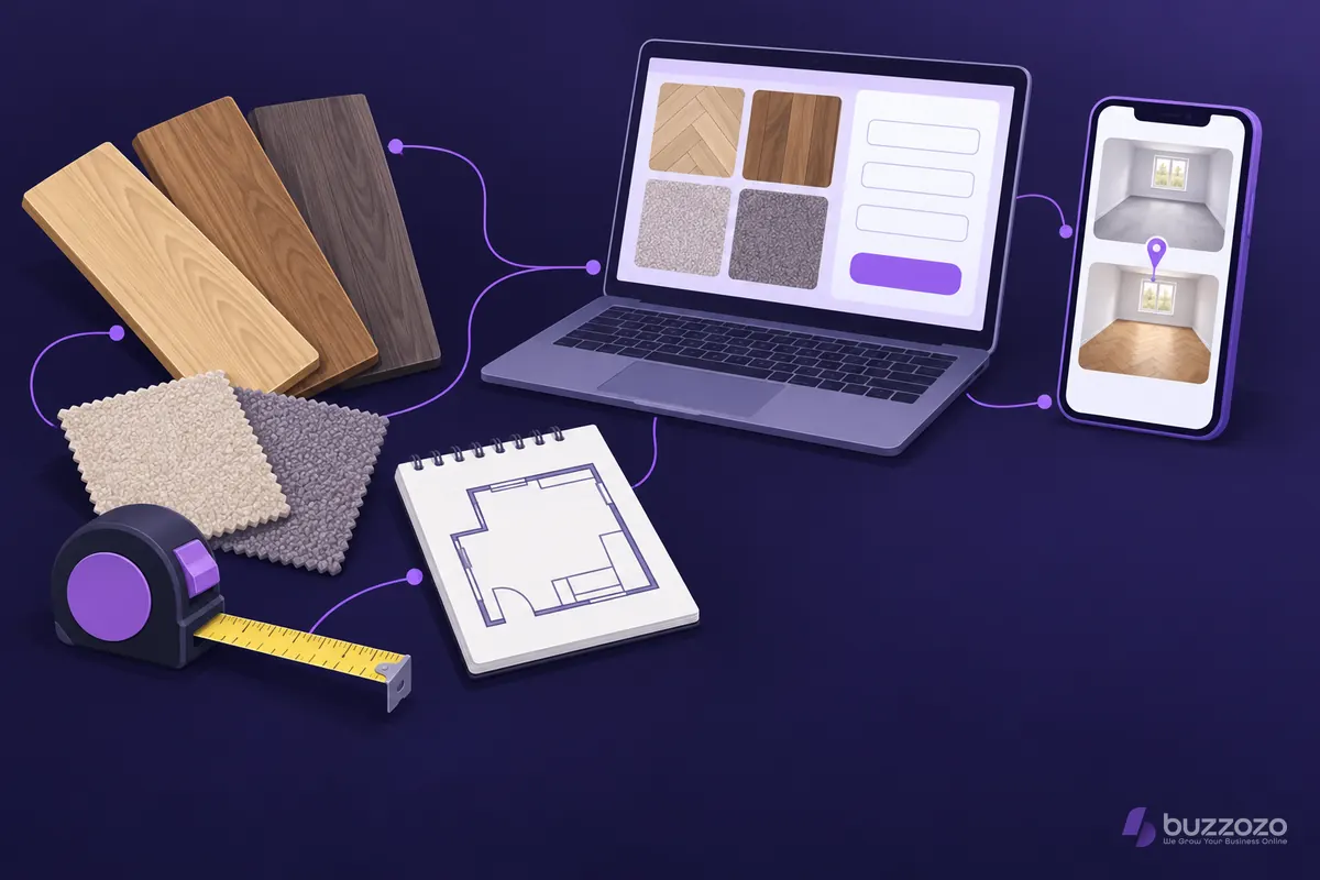 Flooring samples, a tape measure and a room sketch linked to a laptop showing finishes and a quote form, and a phone showing a finished floor.
