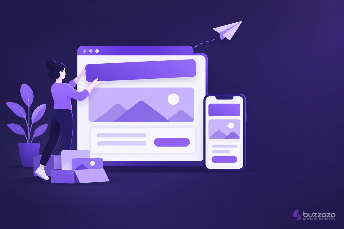 A person places a banner on a large website layout beside a matching phone screen, showing a startup website being built for desktop and mobile.