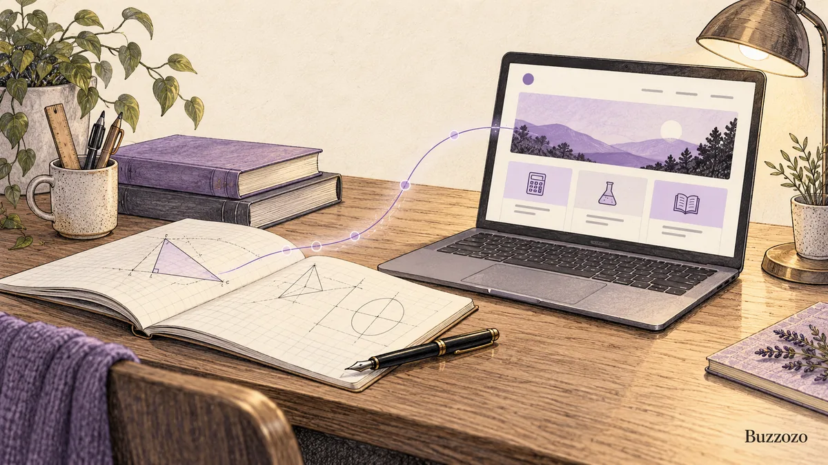 Illustration of a tutor's notebook, books and pen beside a laptop displaying a subject-led website, with a Buzzozo watermark