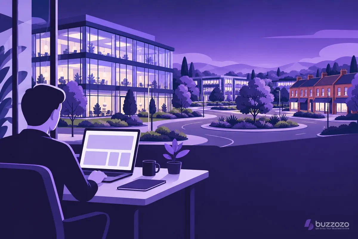 A faceless business owner reviews a website layout on a laptop, overlooking a business park of glass offices, a roundabout and a row of red-brick shops.