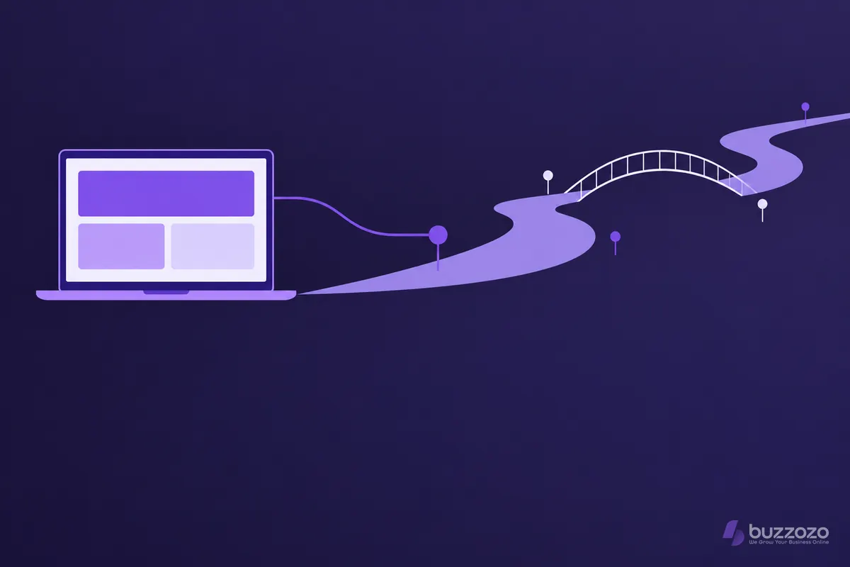 A laptop with a simple website layout linked by a violet line to map pins along a winding river and footbridge, suggesting local Bedford web design.
