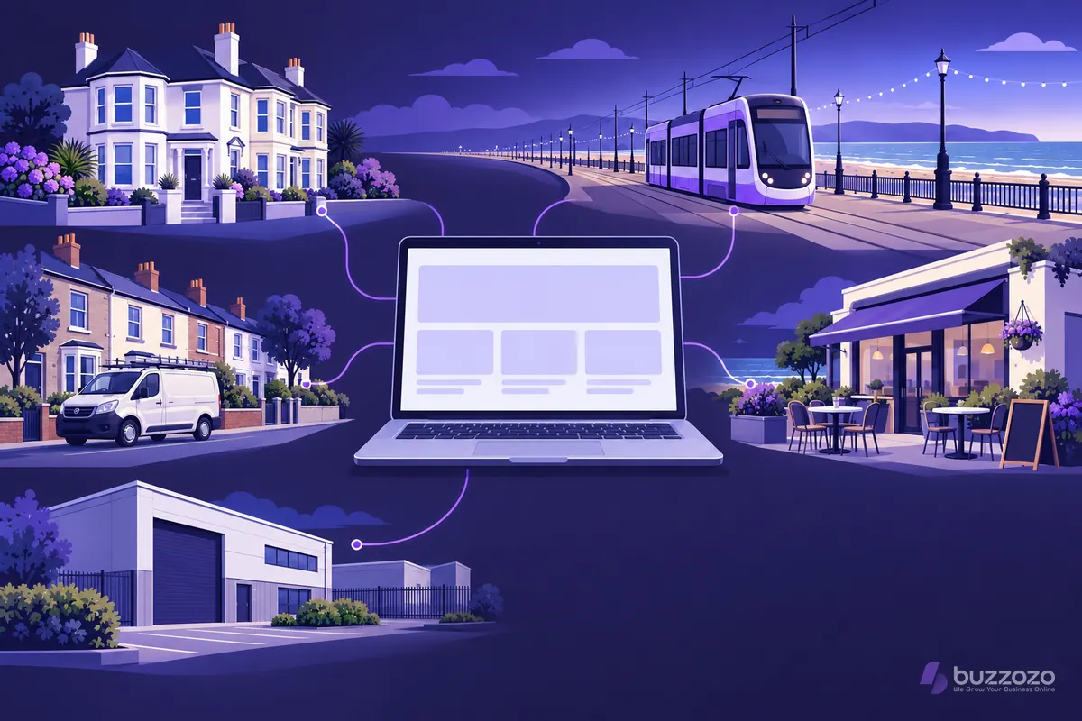 Laptop with a blank website layout linked to a seaside guest house, tram, trade van, factory unit and cafe, showing web design for Blackpool businesses.